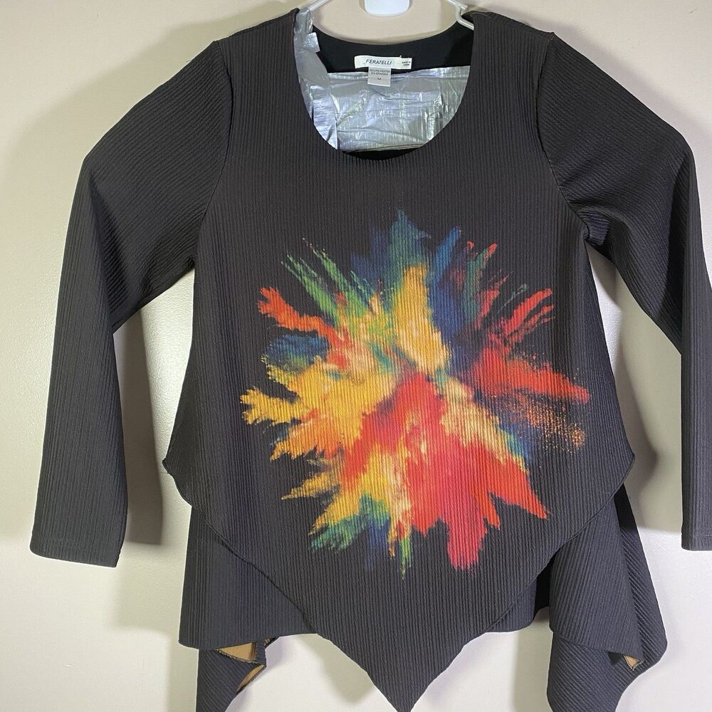 Feratelli Womens Shirt Medium Colorful Patchwork Tunic Asymmetrical Artsy Boho